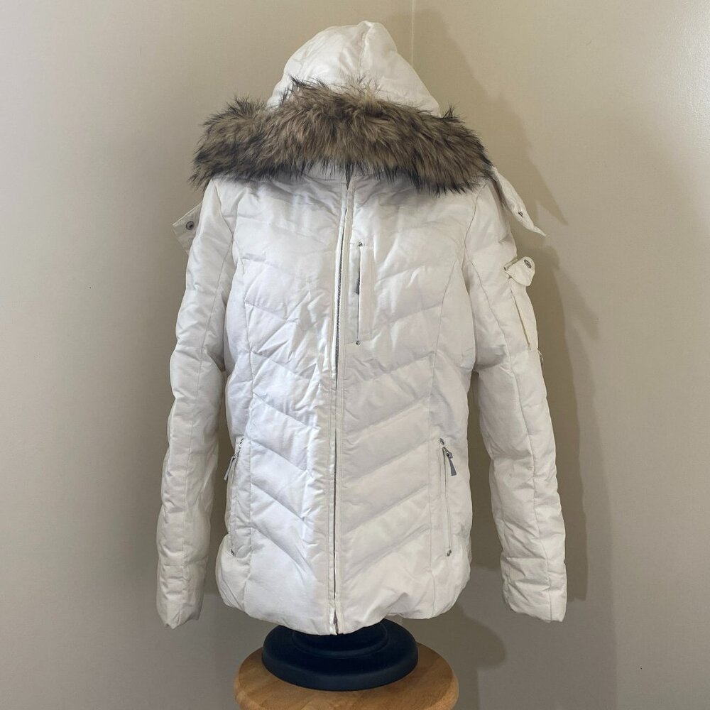 White "Eddie Bauer" Down jacket, removable hood with faux fur trim